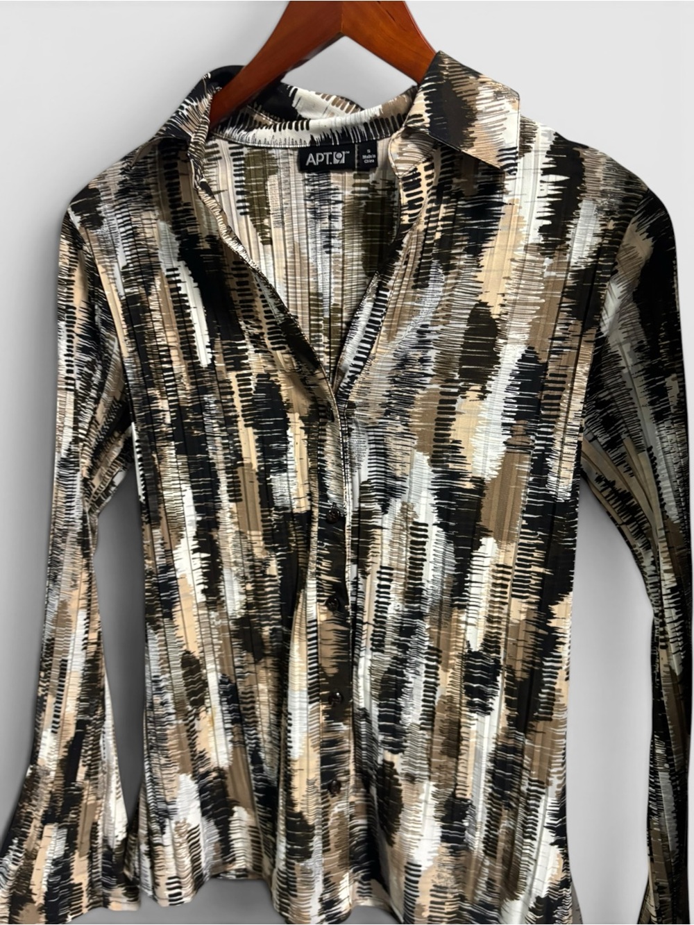 Y2K 2000s Fitted Button-Front Top Long Bell Sleeves Abstract Blouse Office S